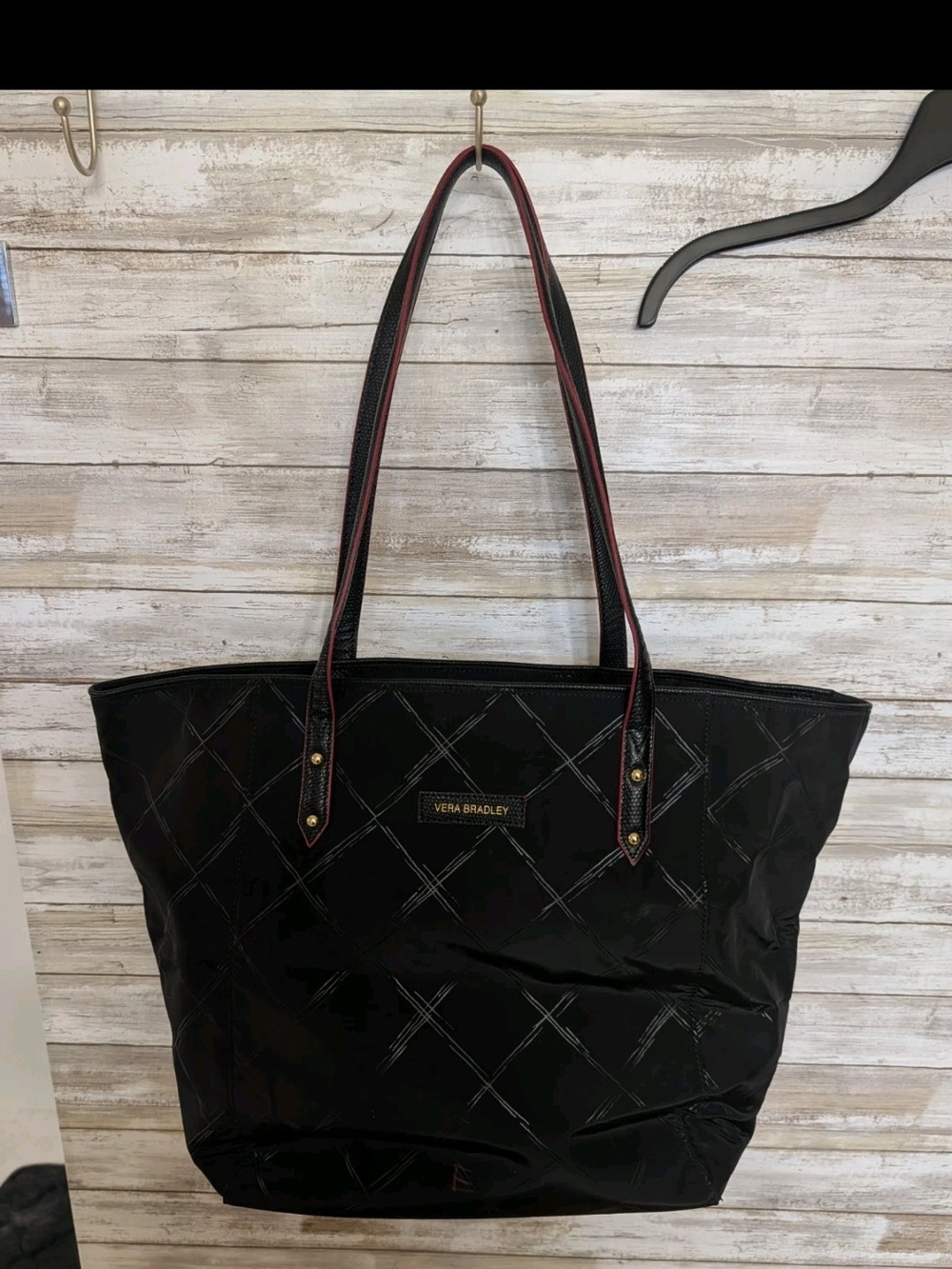 Vera Bradley Black Quilted Diamond Tote with Red-Trim Handles